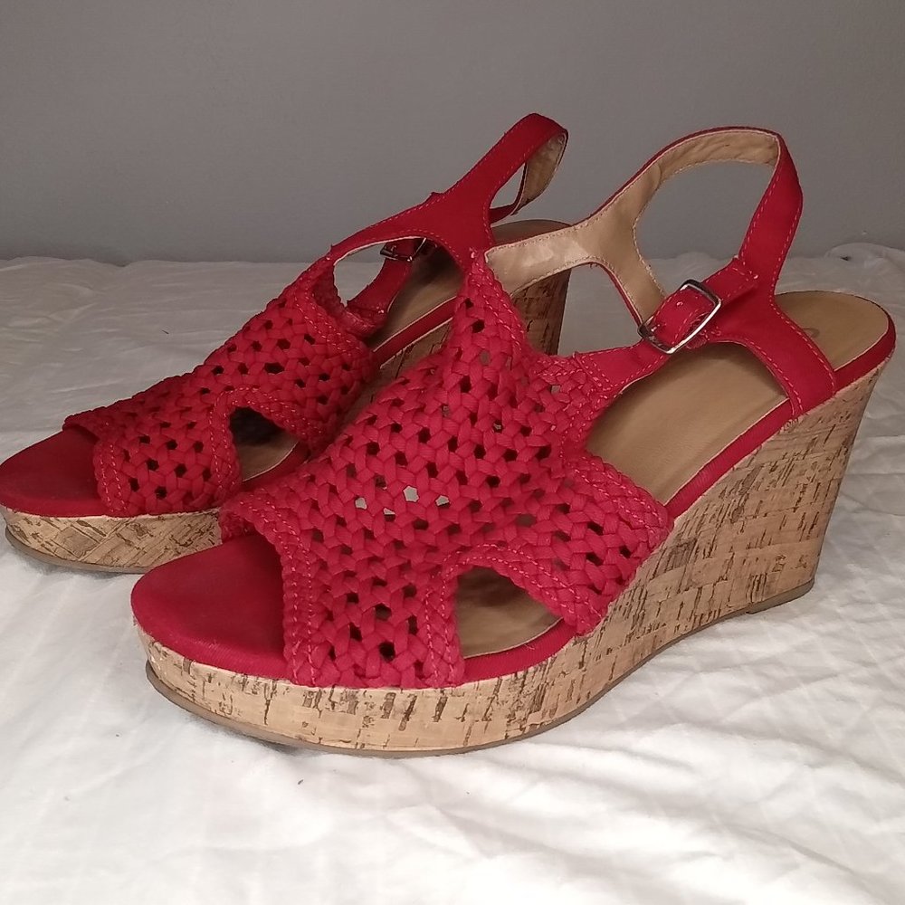 Red Webbed Wedge Sandals